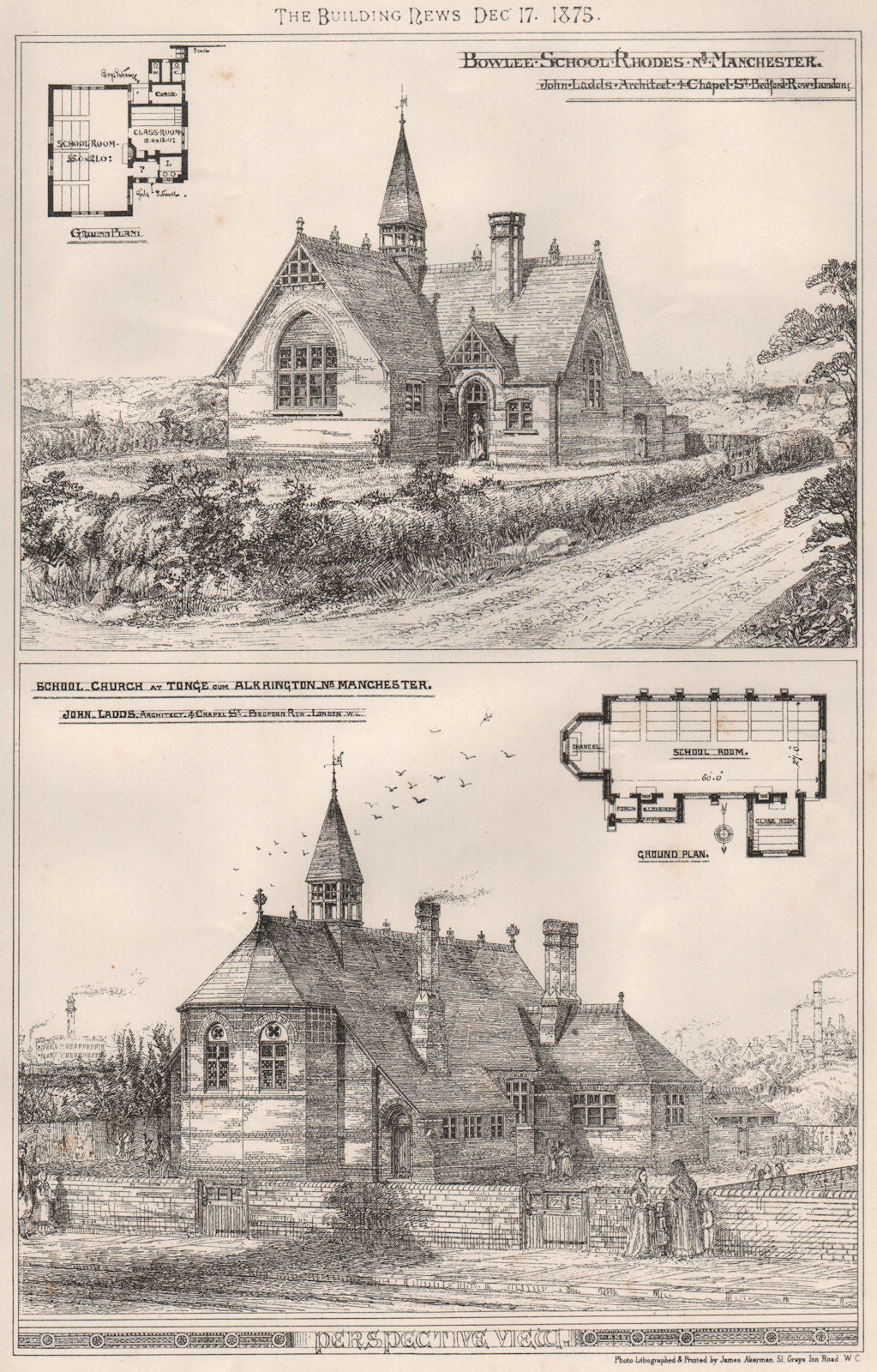 Bowlee School, Rhodes; School church, Tonge cum Alkrington, Manchester 1875